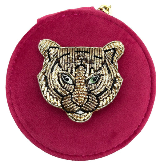Jewellery travel pot bright pink - recycled velvet - tiger head