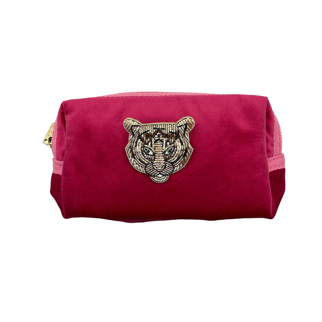 Bright pink make-up bag & tiger head pin - recycled velvet