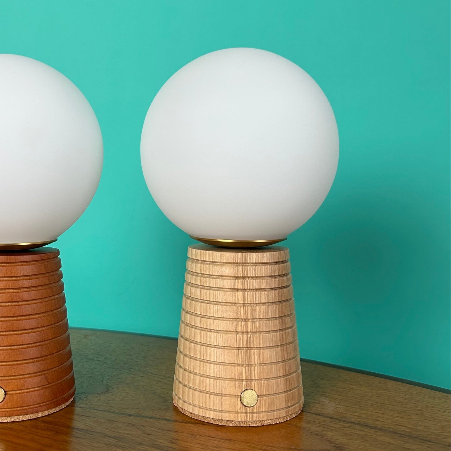 Small Deco Cone Ribbed Beech style rechargeable touch lamp