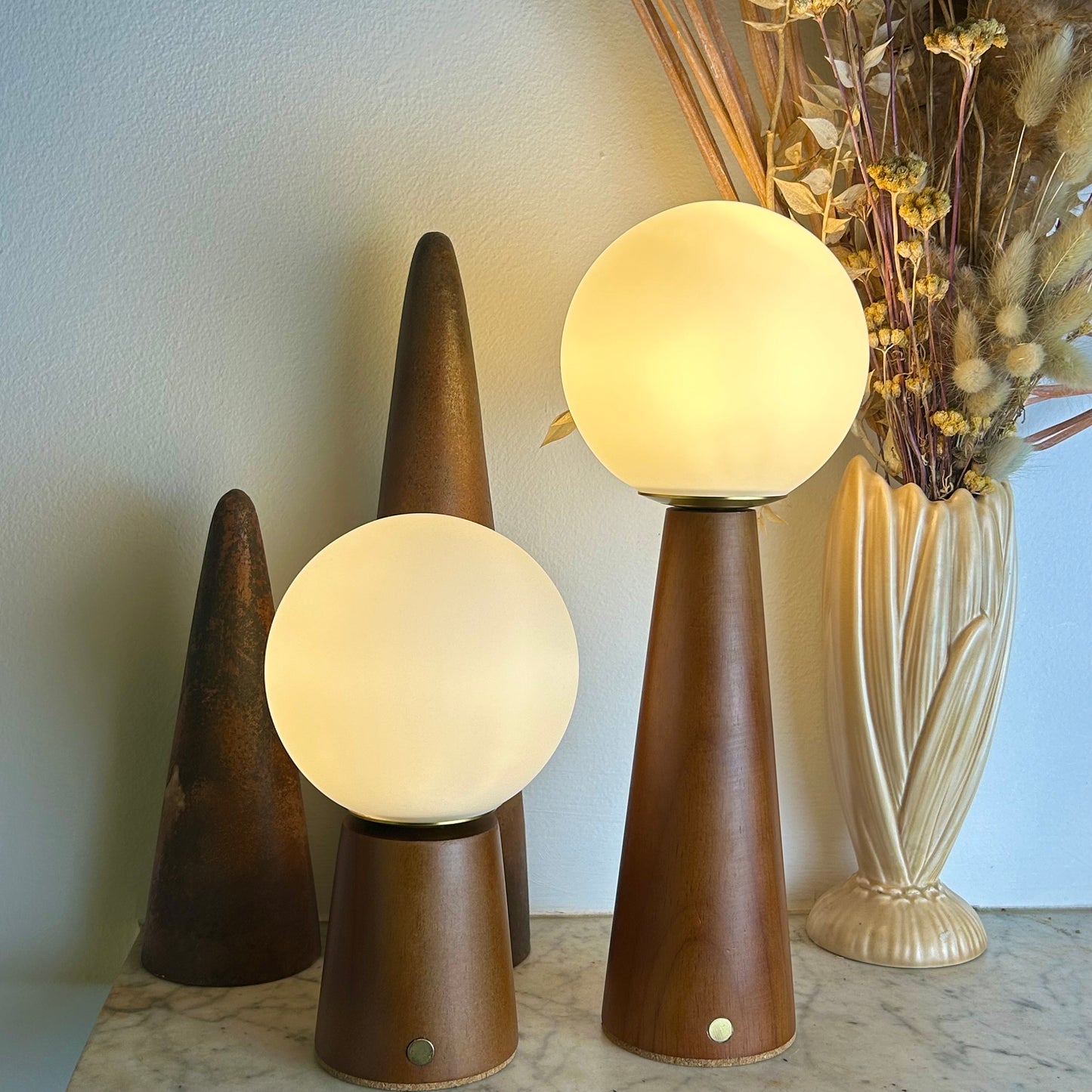 Small Deco Cone Teak style rechargeable touch lamp