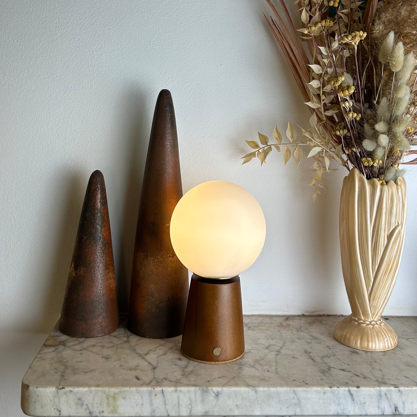Small Deco Cone Teak style rechargeable touch lamp