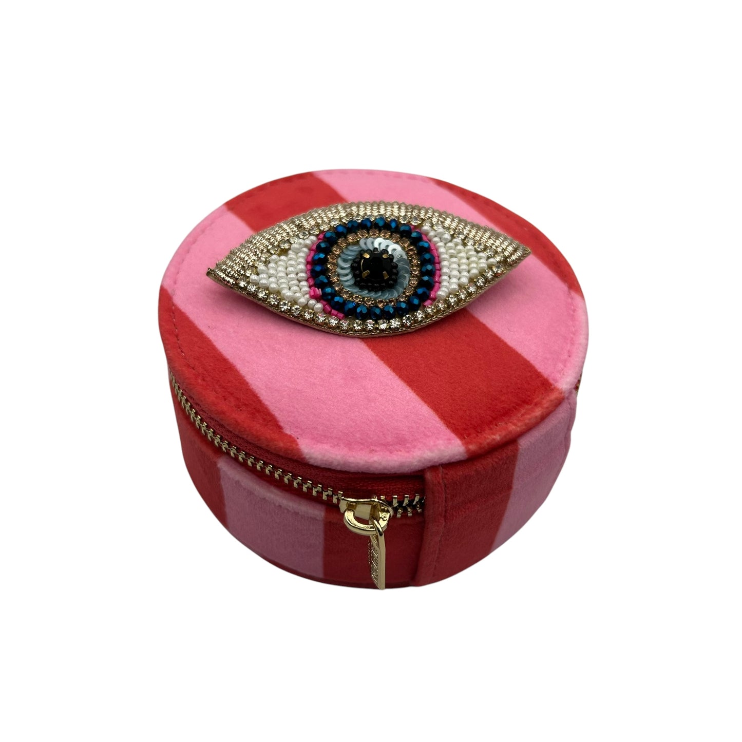 Jewellery Travel Pot in pink stripe - Golden Eye brooch