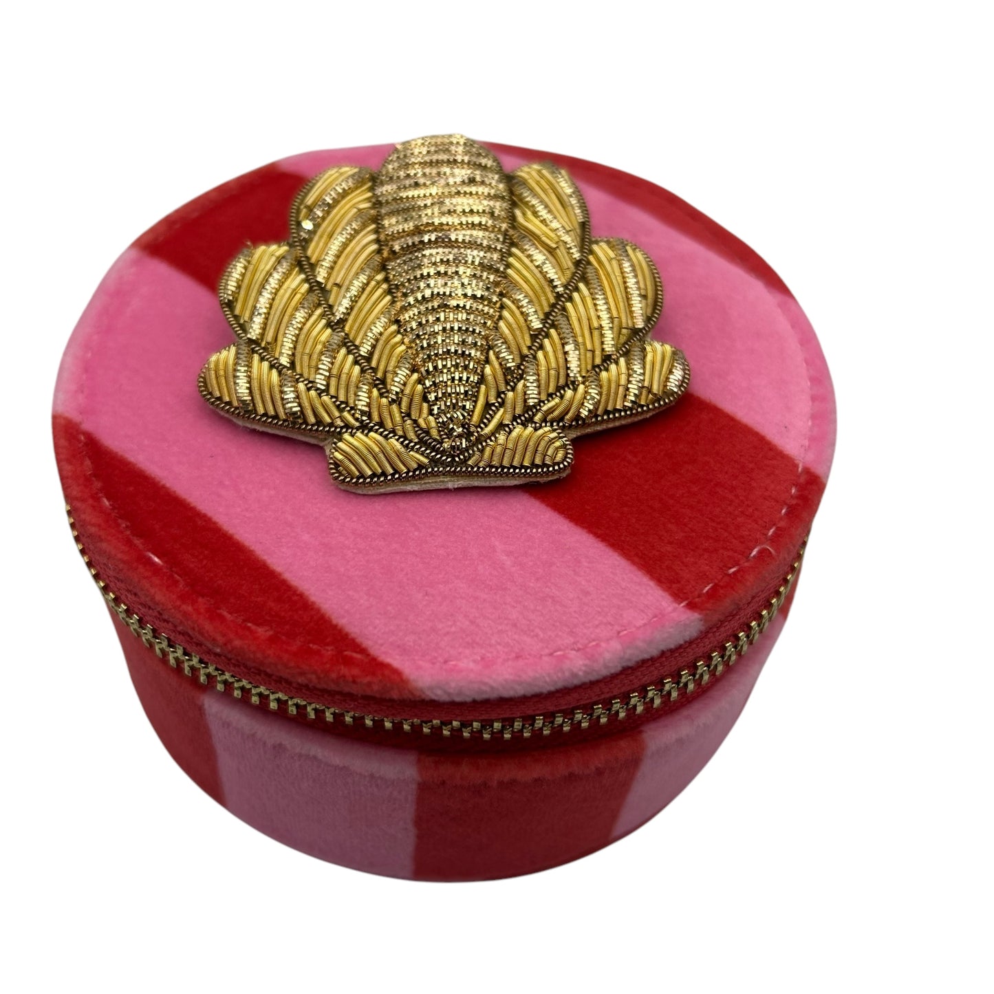 Jewellery Travel Pot in pink stripe - Shell brooch