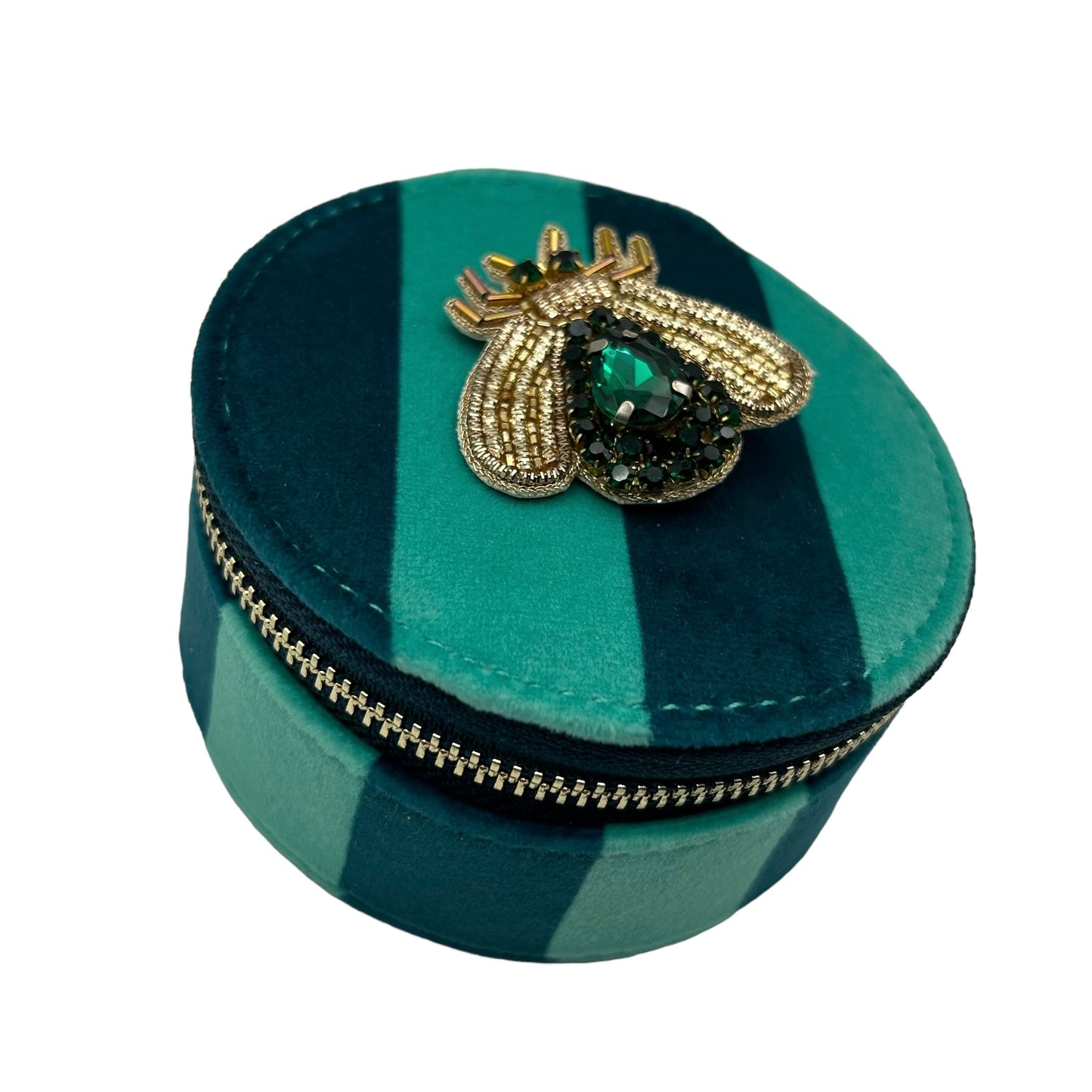 Jewellery Travel Pot in teal stripe - Green Jewelled Insect pin