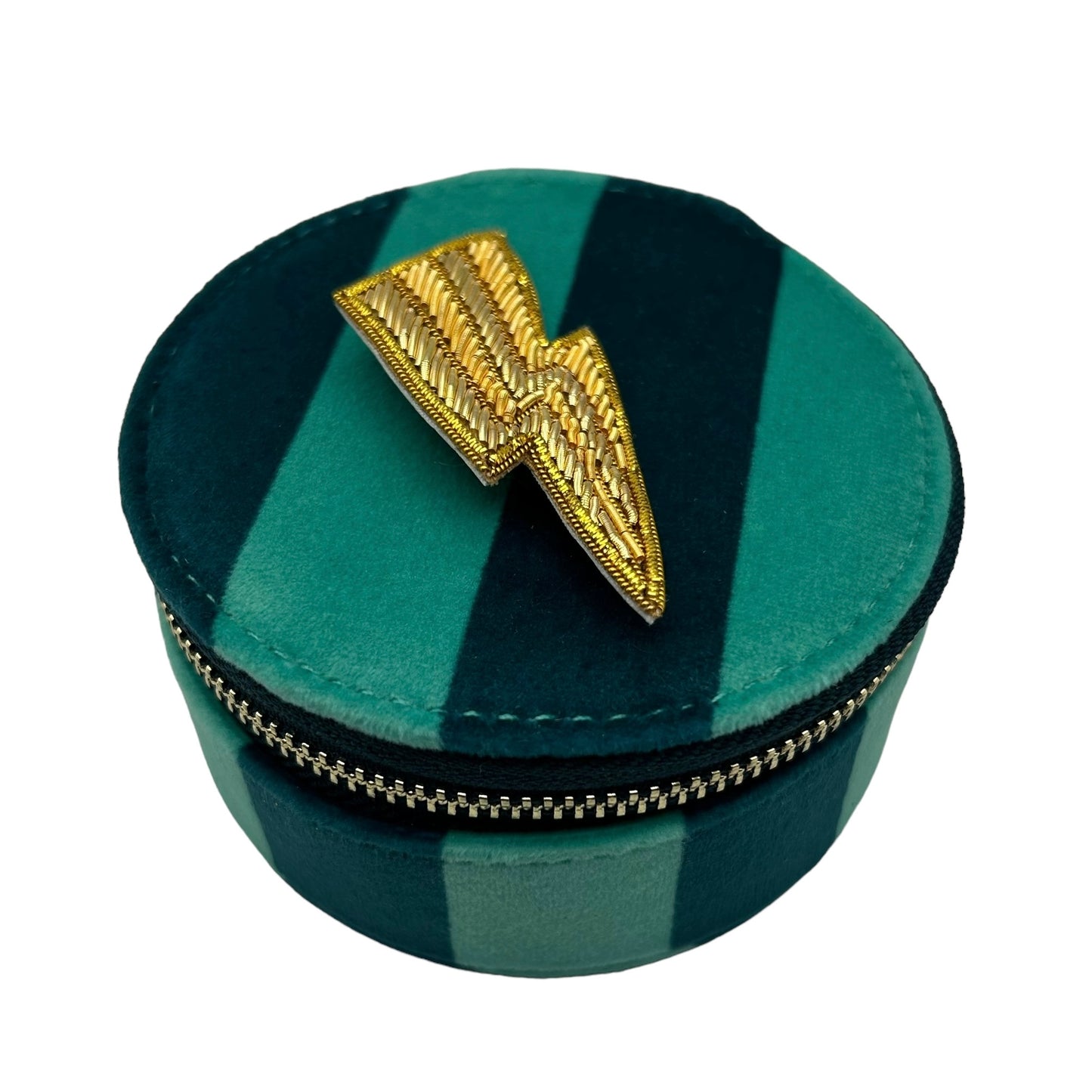 Jewellery Travel Pot in teal stripe - Lightning Bolt brooch