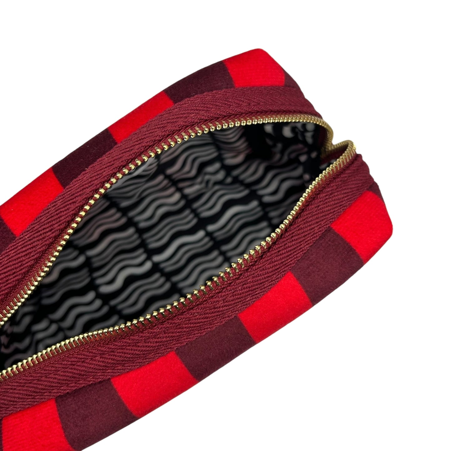Large red stripe makeup bag with Red Lips brooch
