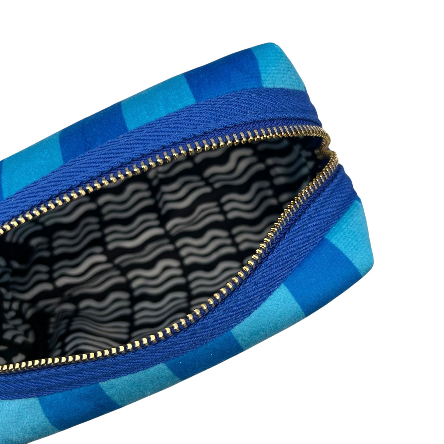 Large blue stripe makeup bag with Bow brooch