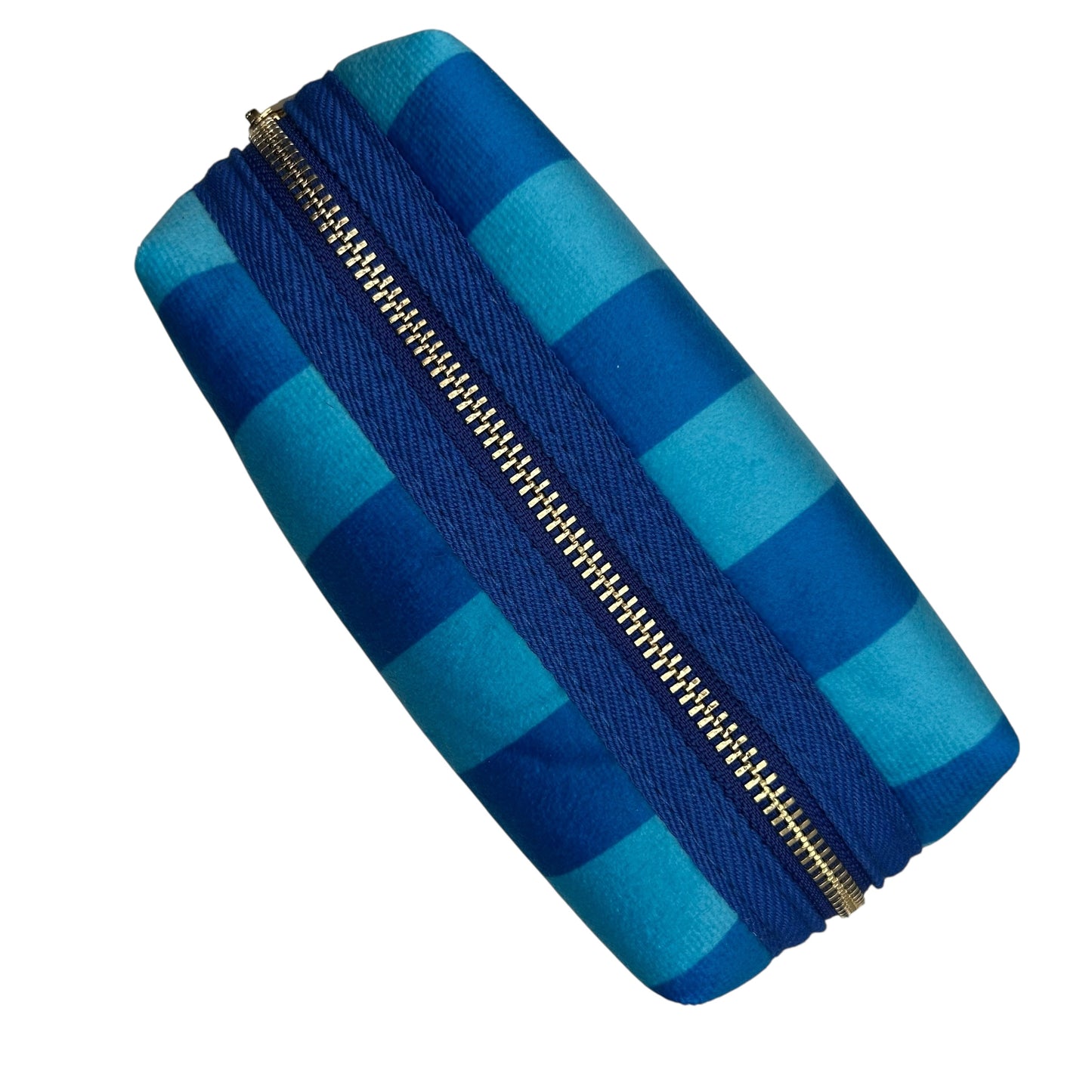Large blue stripe makeup bag with Bow brooch