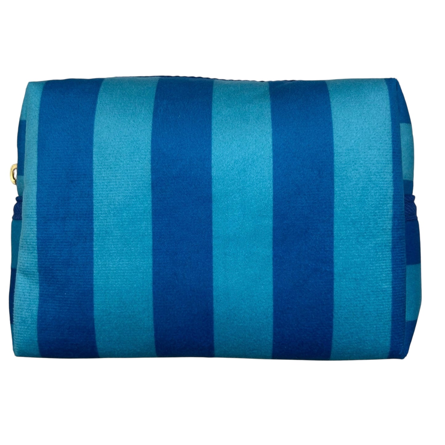 Large blue stripe makeup bag with Bow brooch