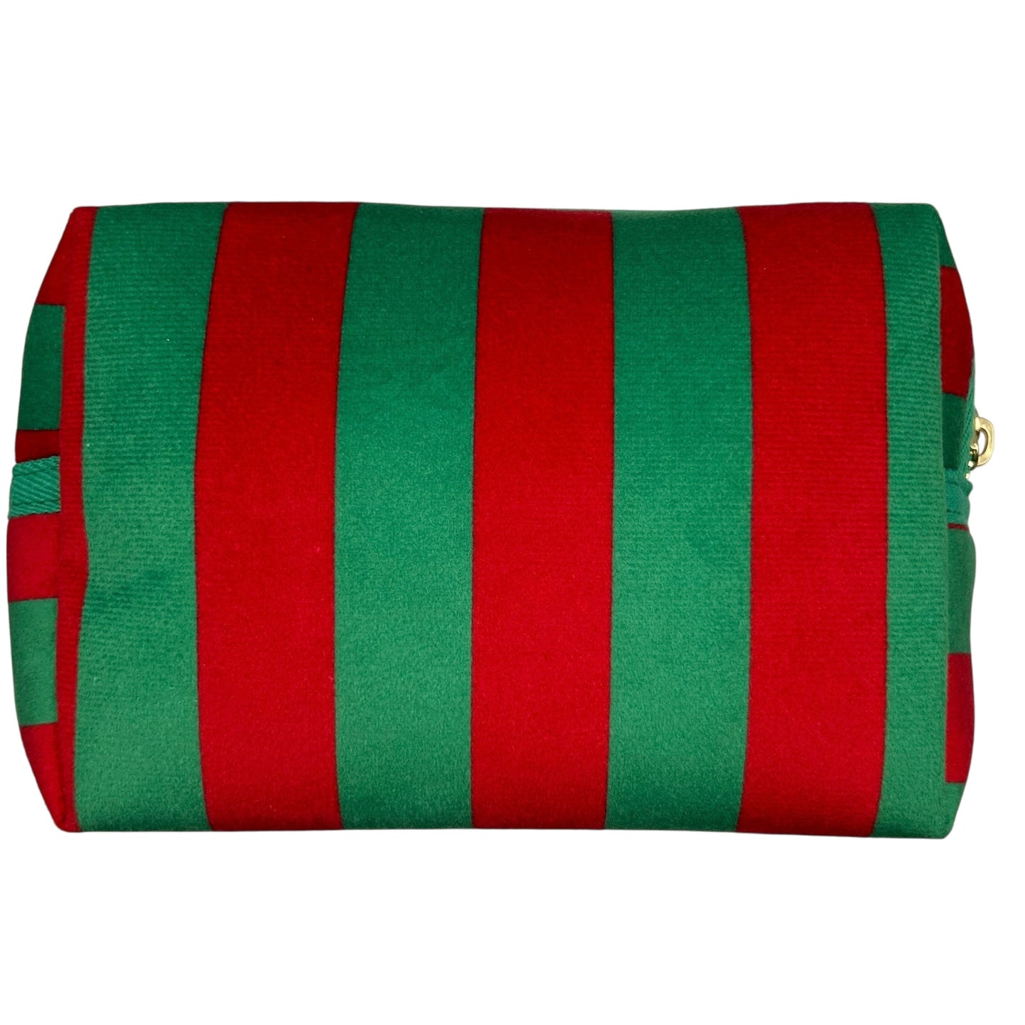 Large green stripe makeup bag with Bow brooch