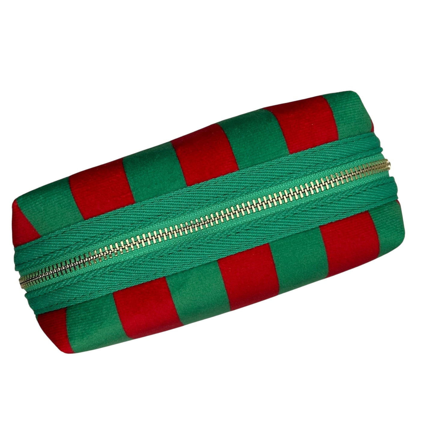 Large green stripe makeup bag with Bow brooch
