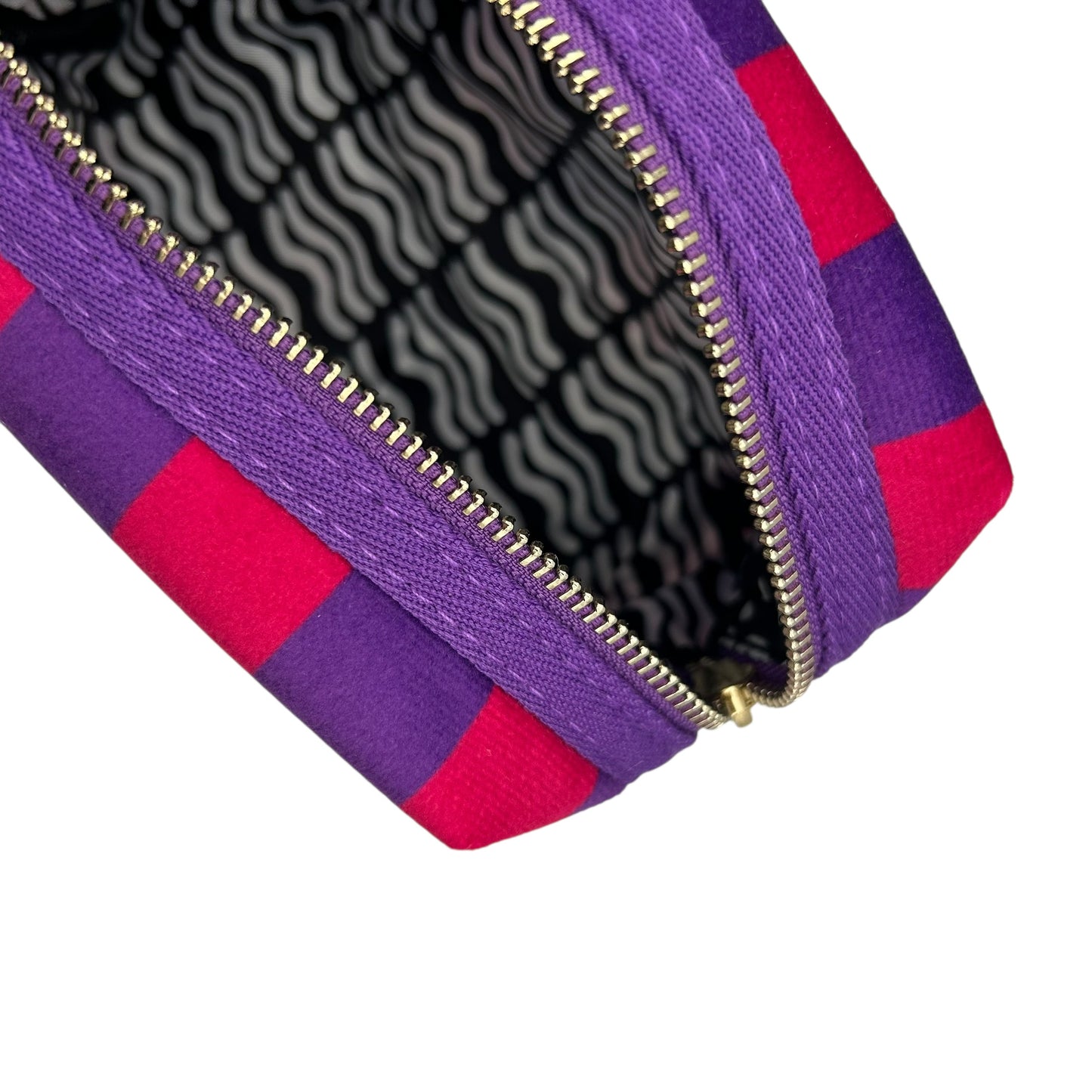 Large purple stripe makeup bag with Leopard brooch