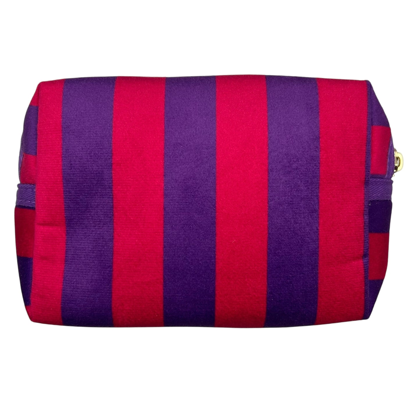 Large purple stripe makeup bag with Red Lips brooch
