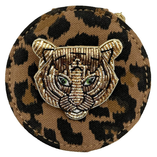 Jewellery travel pot  leopard print - tiger head pin