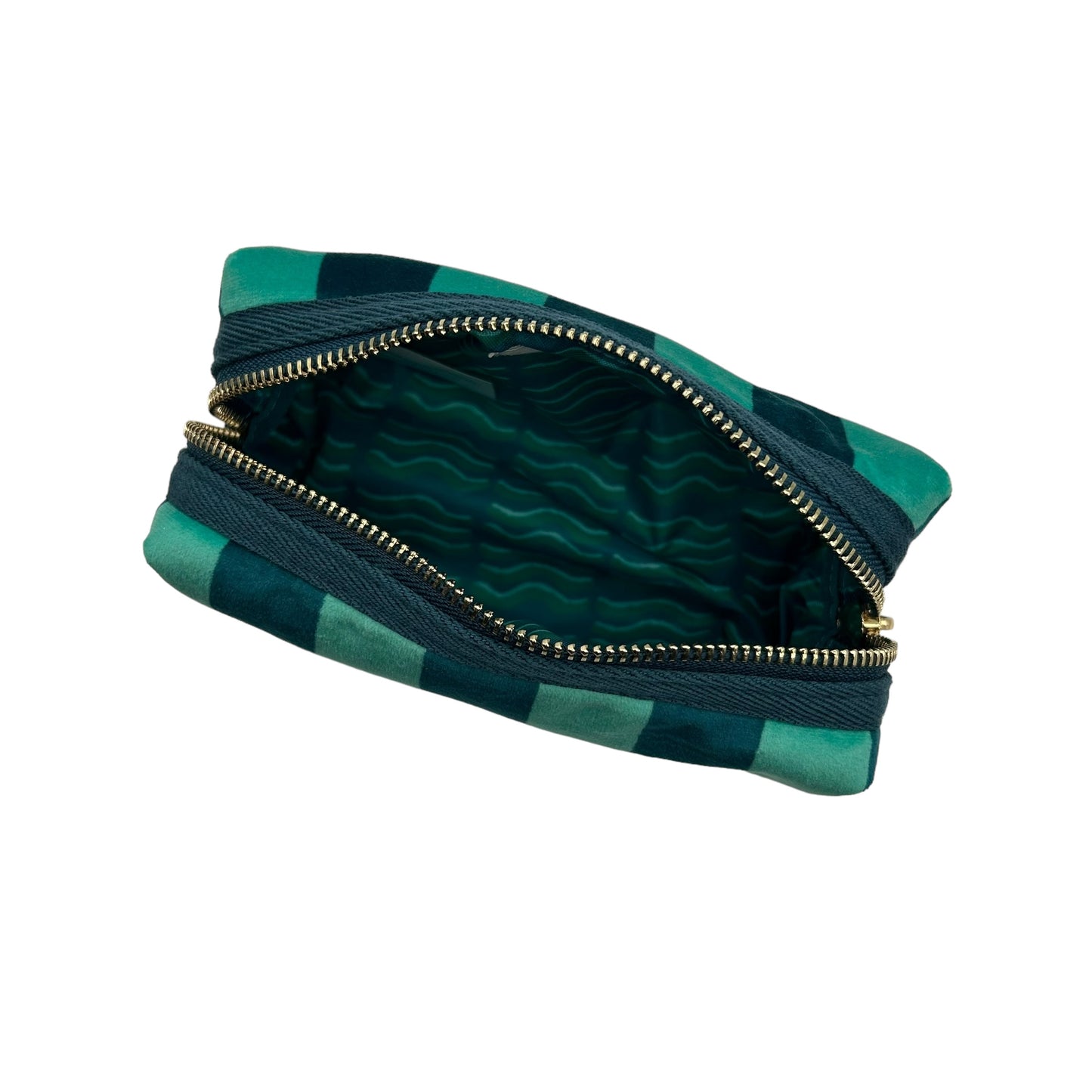 Teal stripe makeup bag with Gold Bow pin