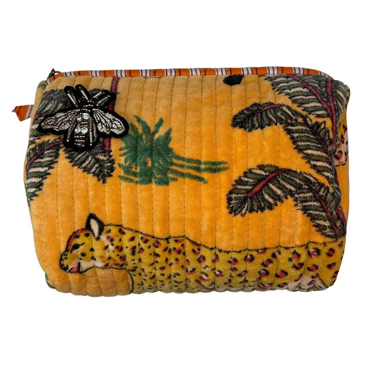 Madagascar velvet make-up bag in gold with embroidered brooch, large and small