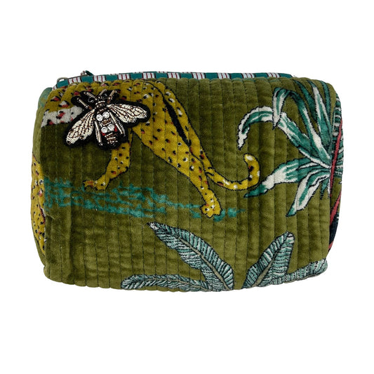 Madagascar velvet make-up bag in green with embroidered brooch, large and small