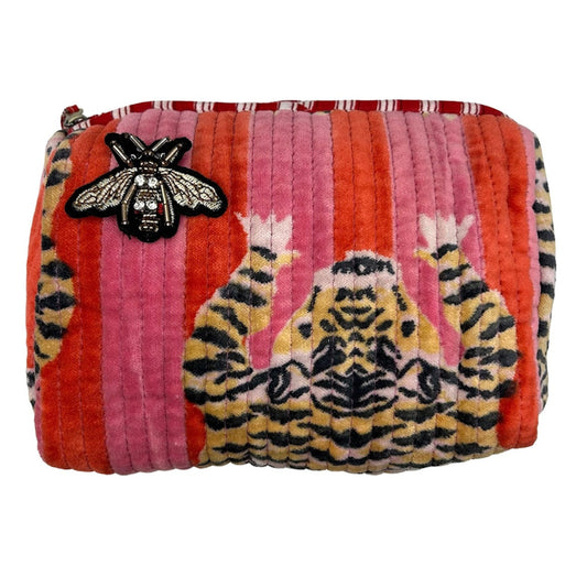 Madagascar velvet make-up bag in pink with embroidered brooch, large and small