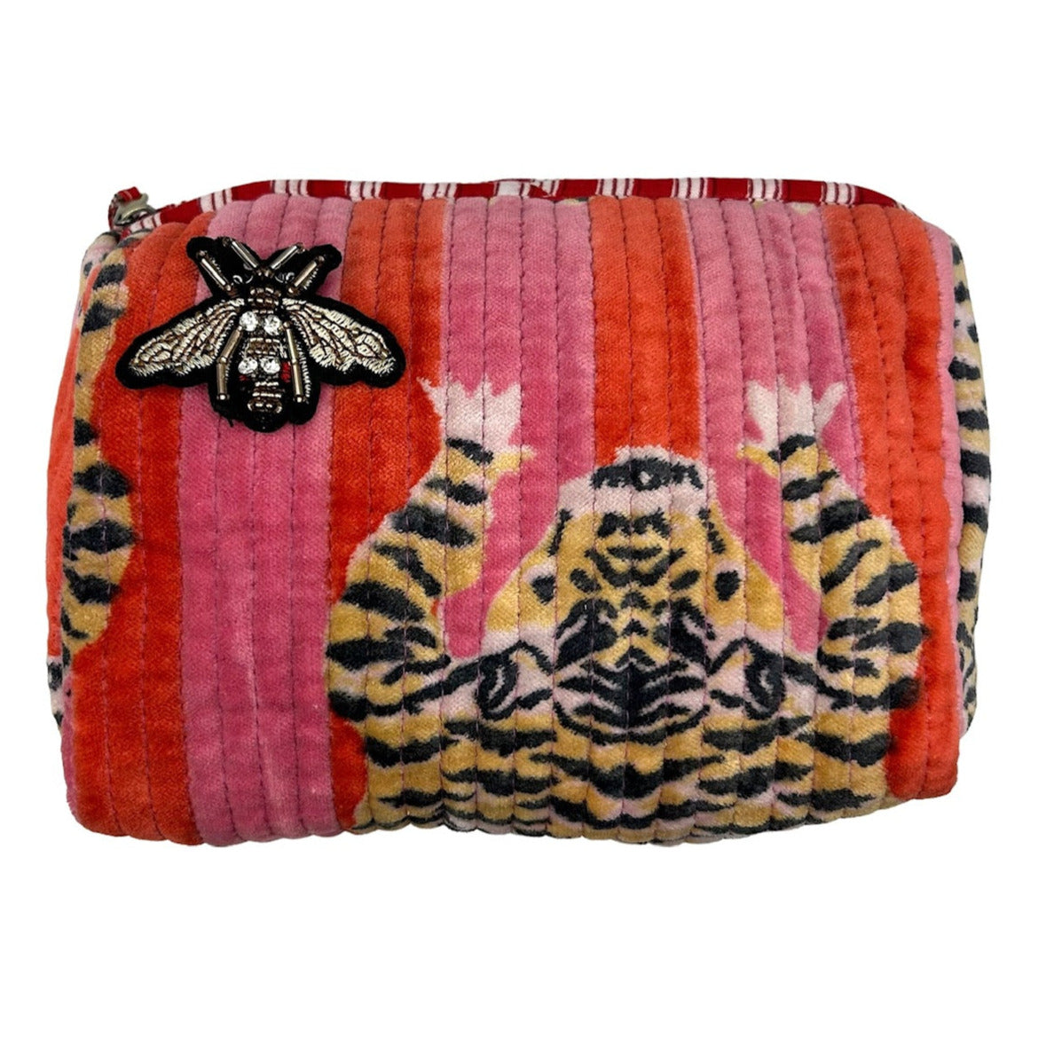 Madagascar velvet make-up bag in pink with embroidered brooch, large and small