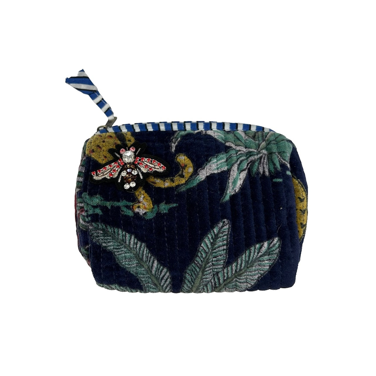 Madagascar velvet make-up bag in blue with embroidered brooch, large and small