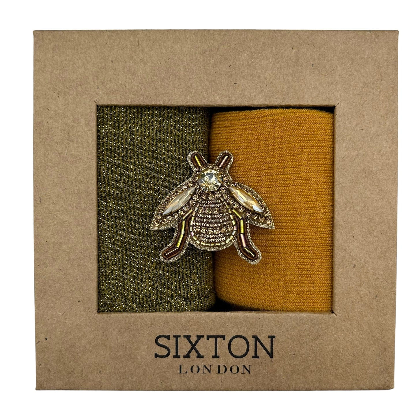 Olive Tokyo & Barcelona Mustard sock box duo with pin