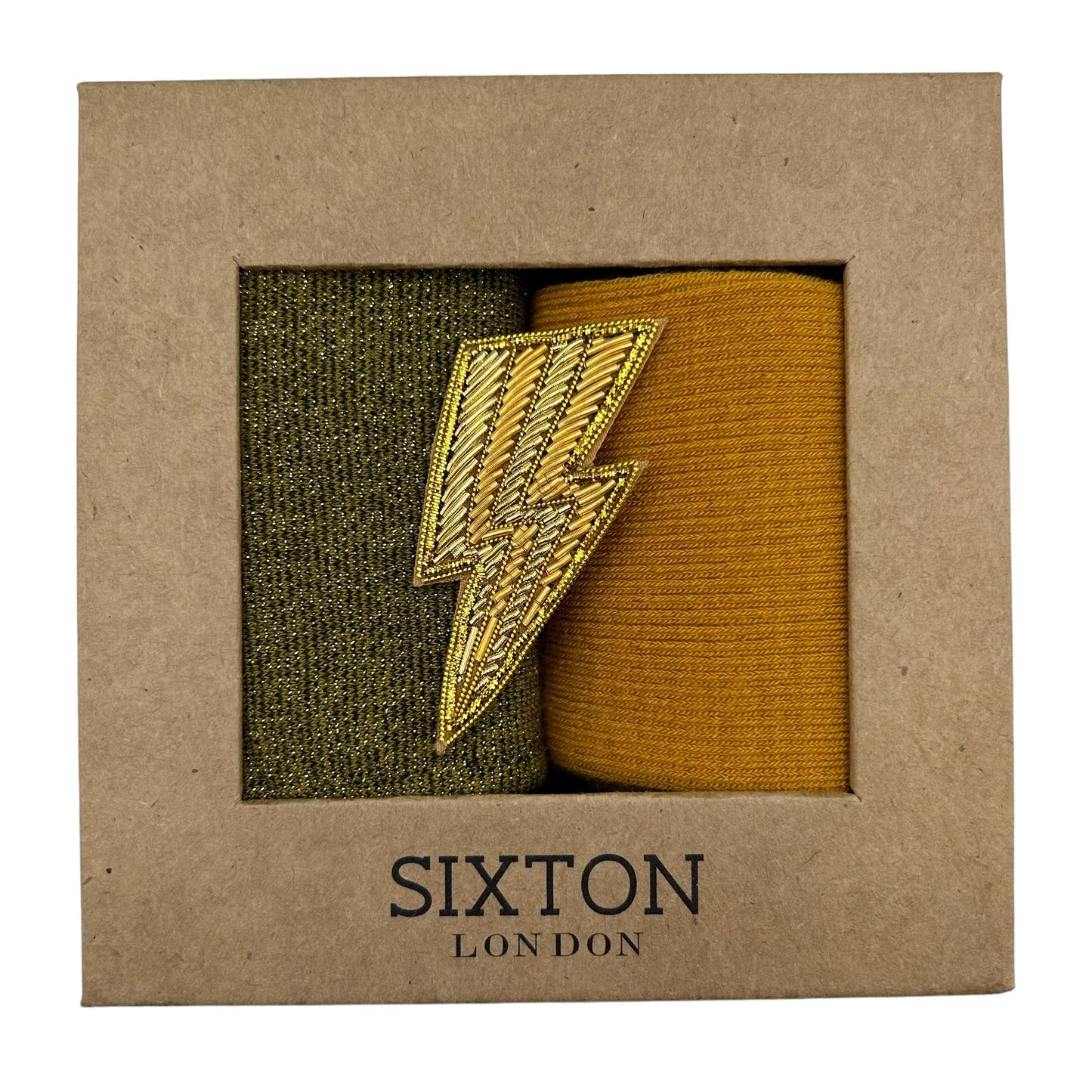 Olive Tokyo & Barcelona Mustard sock box duo with pin