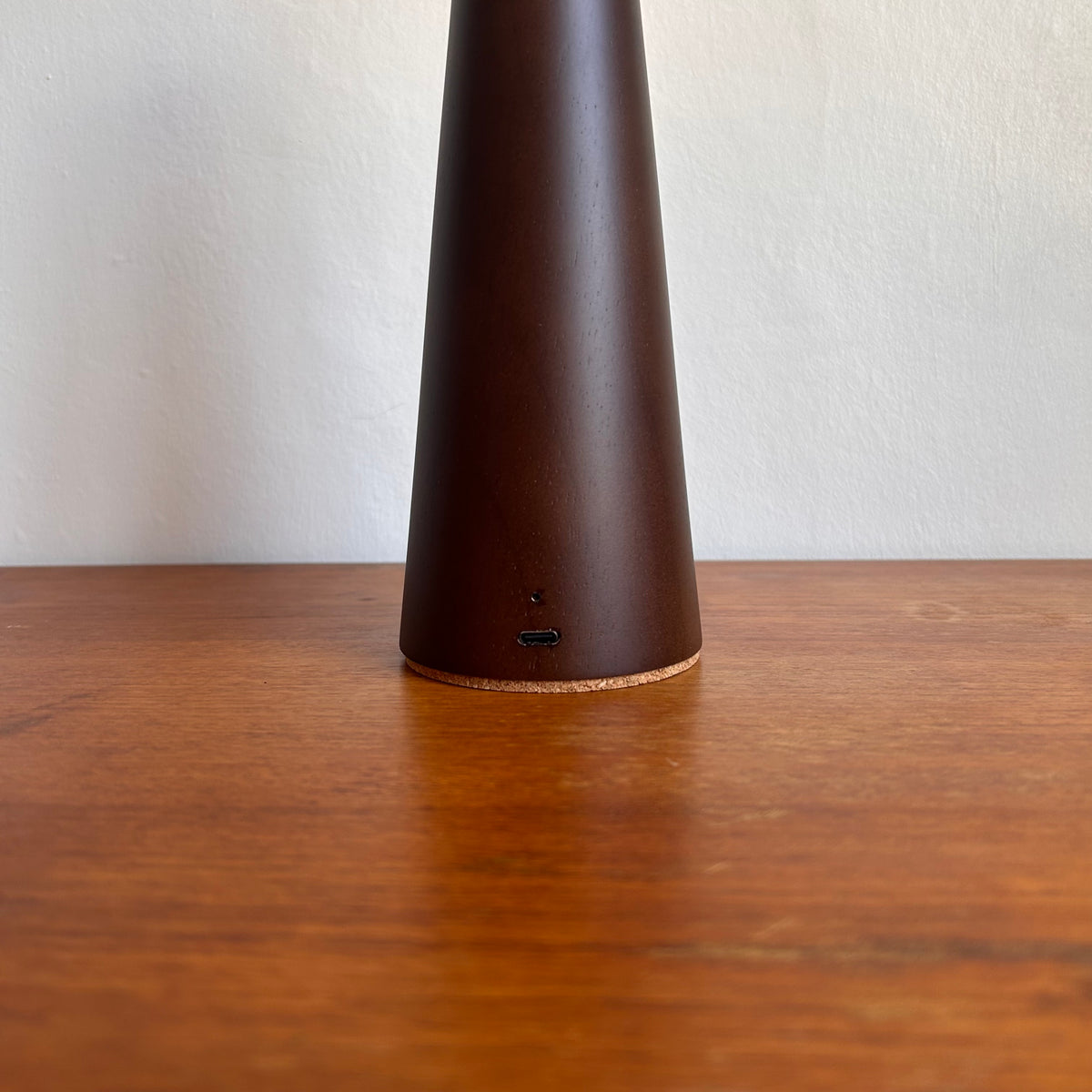 Smooth Walnut style rechargeable touch lamp with small rope cone shade