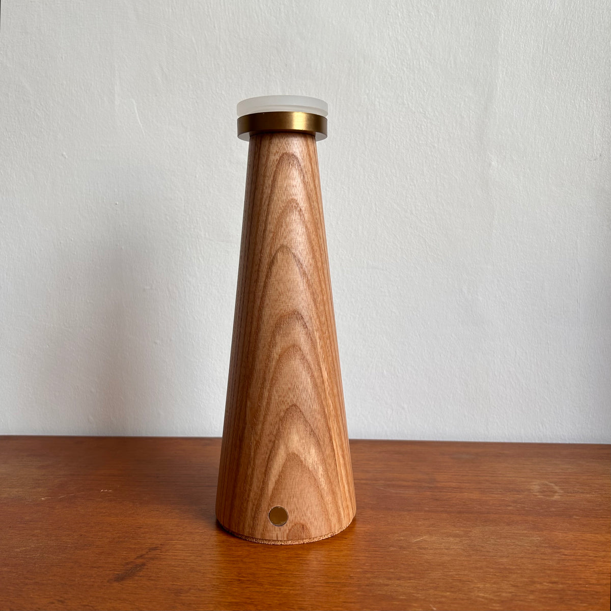 Smooth Beech style rechargeable touch lamp with small rope cone shade
