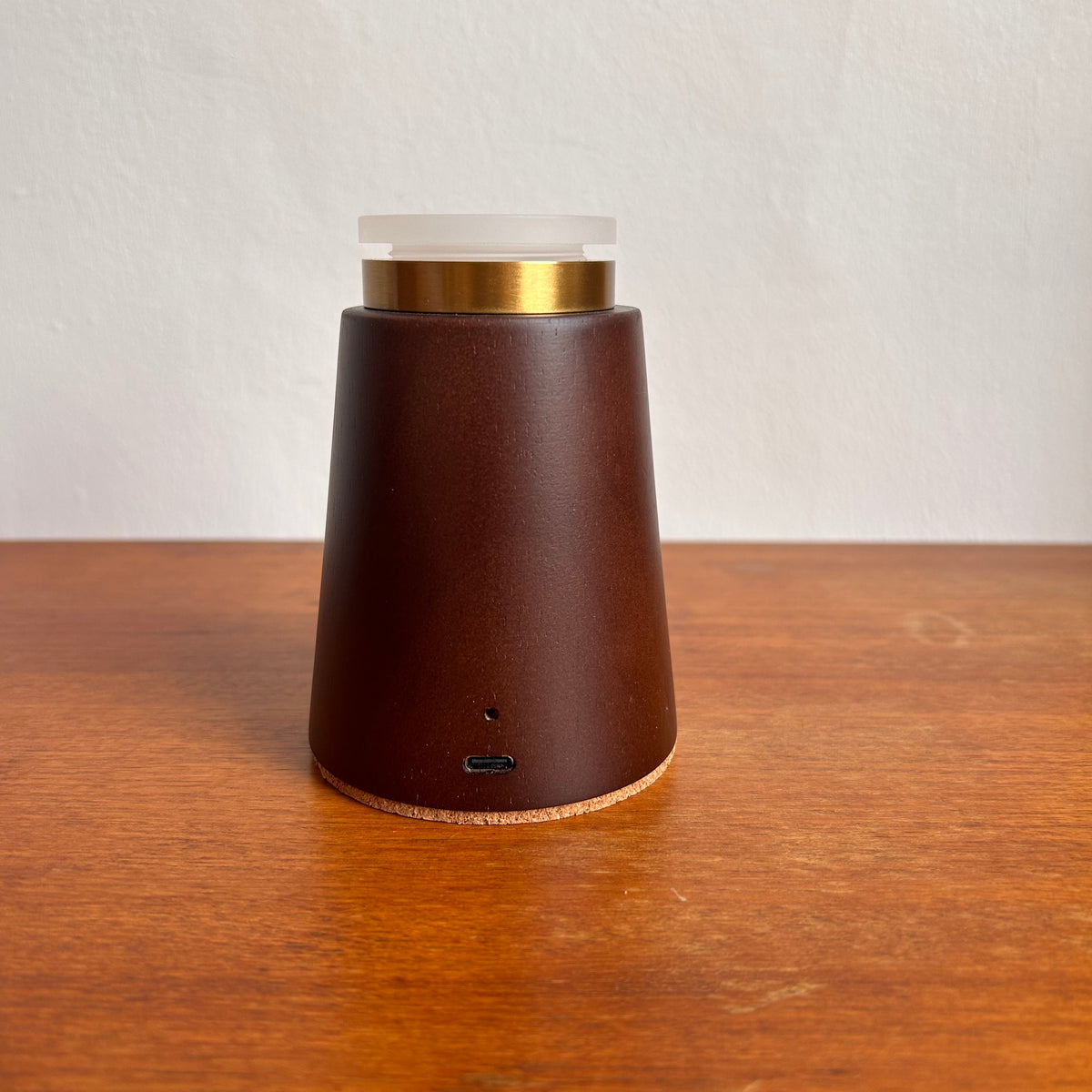 Small Smooth Walnut rechargeable touch lamp with Drum Rope shade