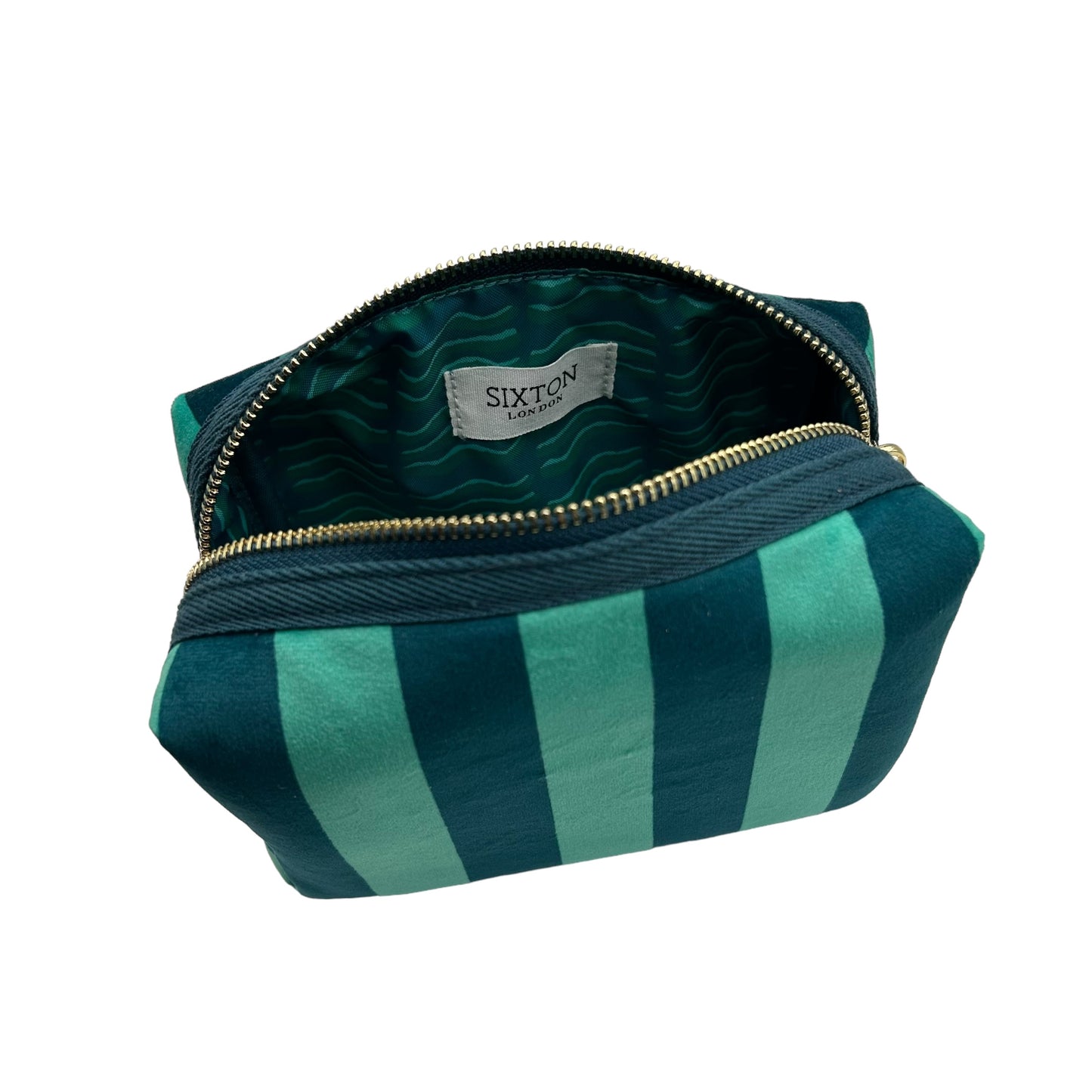 Teal stripe makeup bag with Royal Blue Insect pin