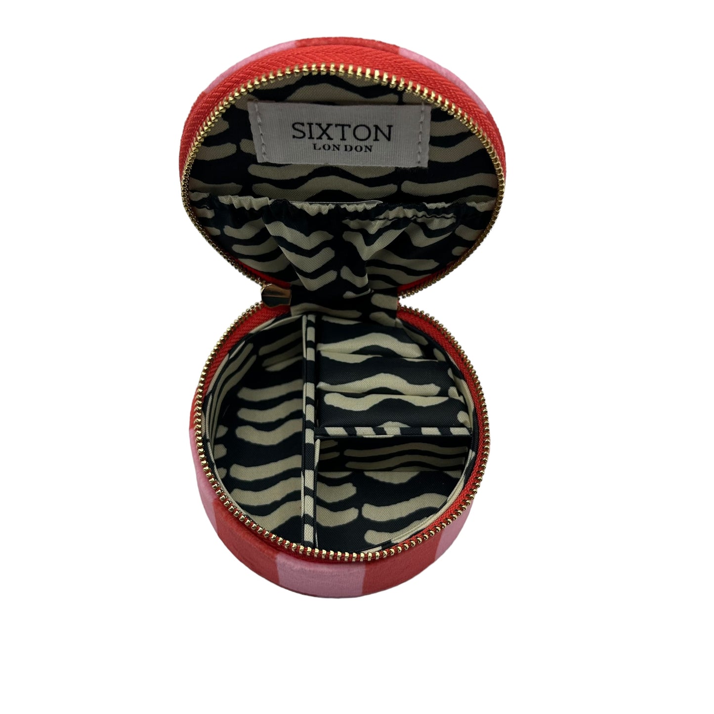 Jewellery Travel Pot in pink stripe - Golden Eye brooch