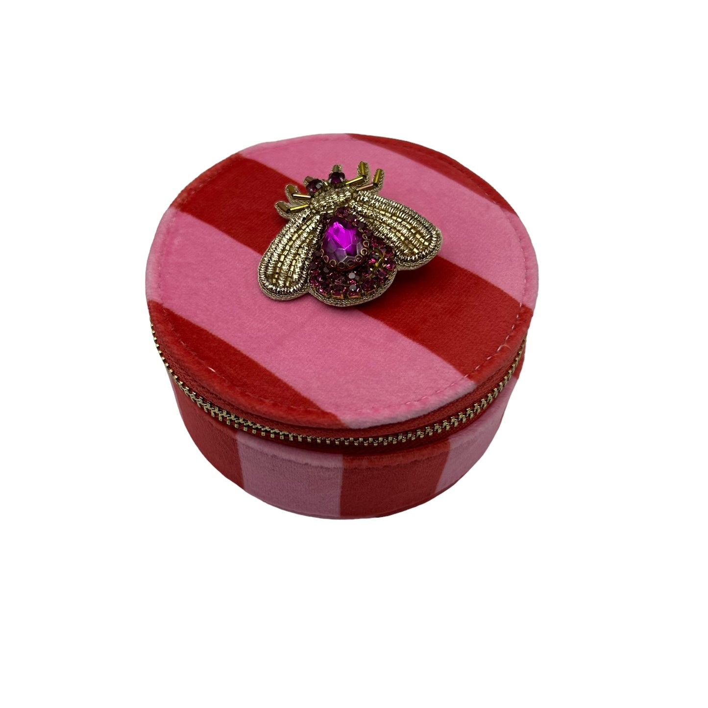 Jewellery Travel Pot in pink stripe - Pink Jewelled Insect brooch