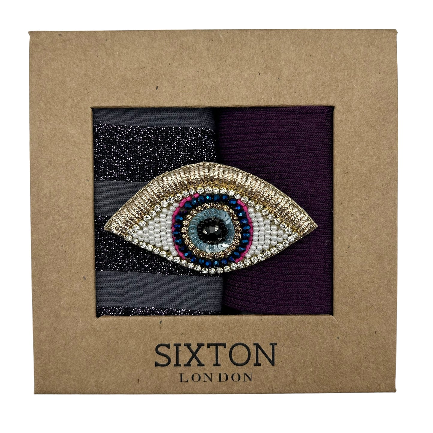 Purple Barcelona & Berlin sock box duo with pin
