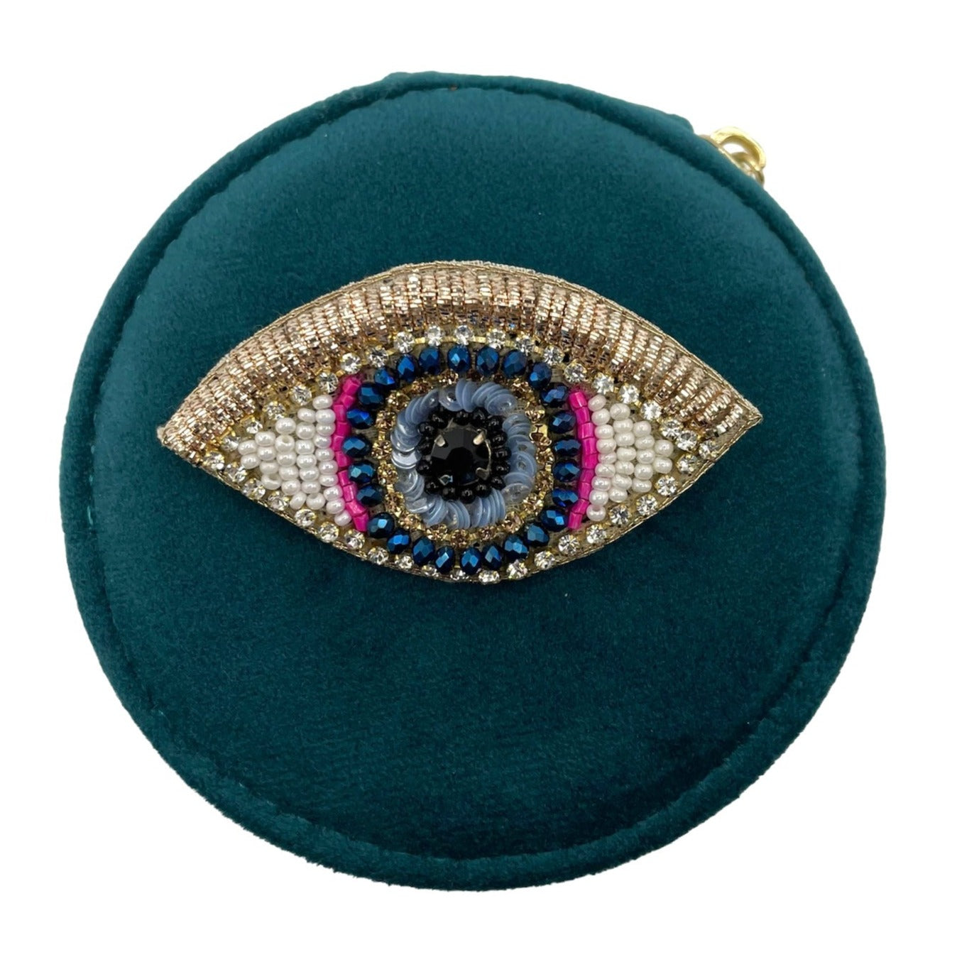 Jewellery Travel Pot in Teal recycled velvet, with Golden Eye pin