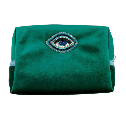 Green make-up bag & turquoise eye pin - recycled velvet