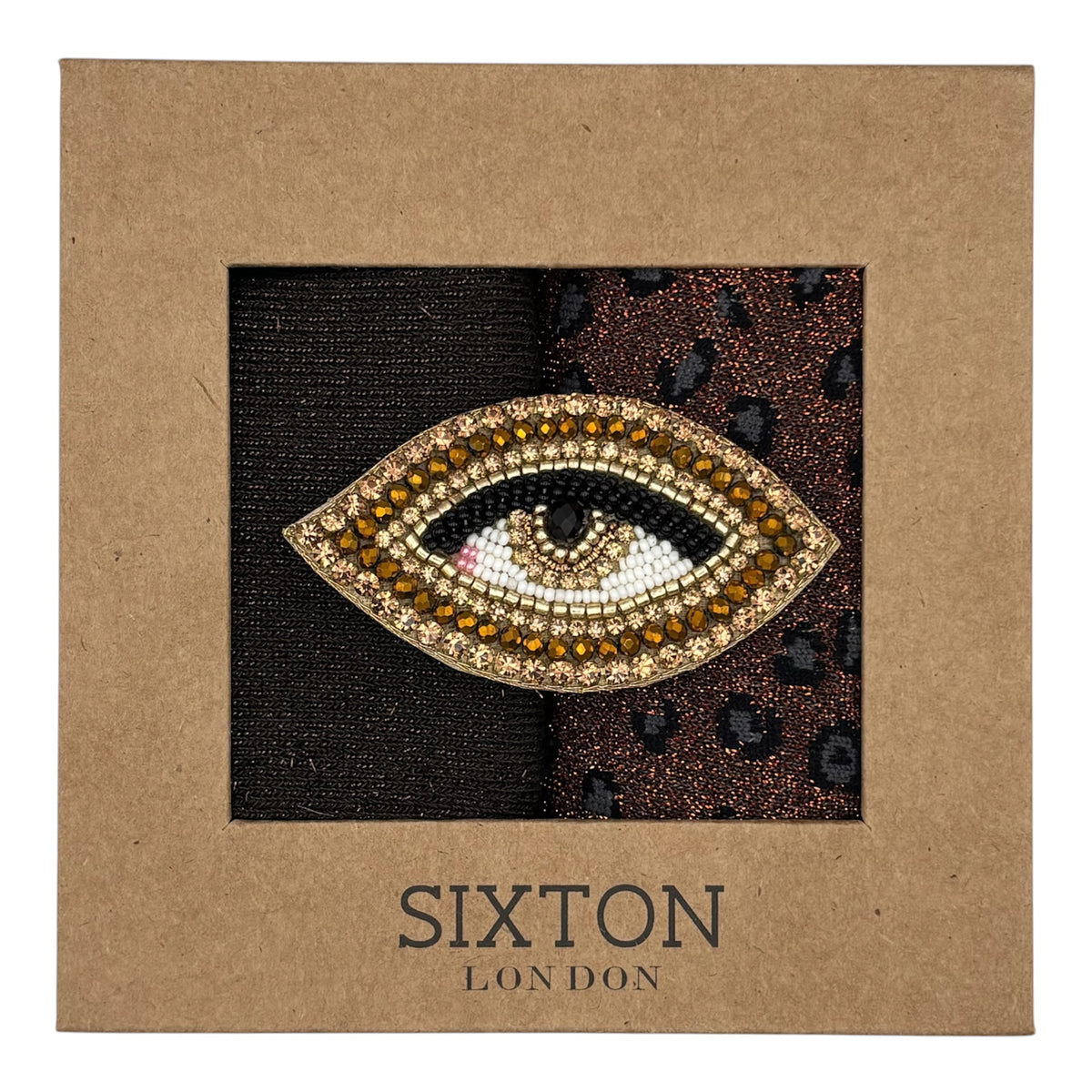 Brown Vegas & Sand Cheetah sock box duo with brooch