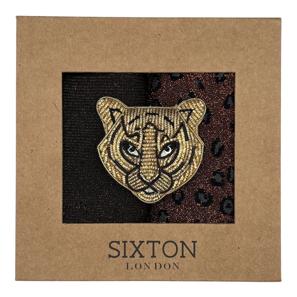 Brown Vegas & Sand Cheetah sock box duo with brooch