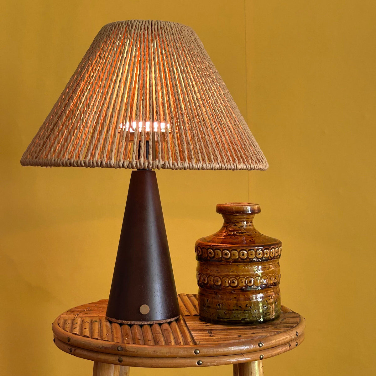 Conical Walnut style rechargeable touch lamp with rope shade