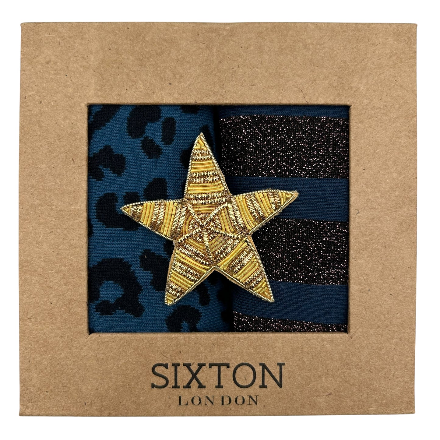 Denim Leopard & Berlin sock box duo with pin