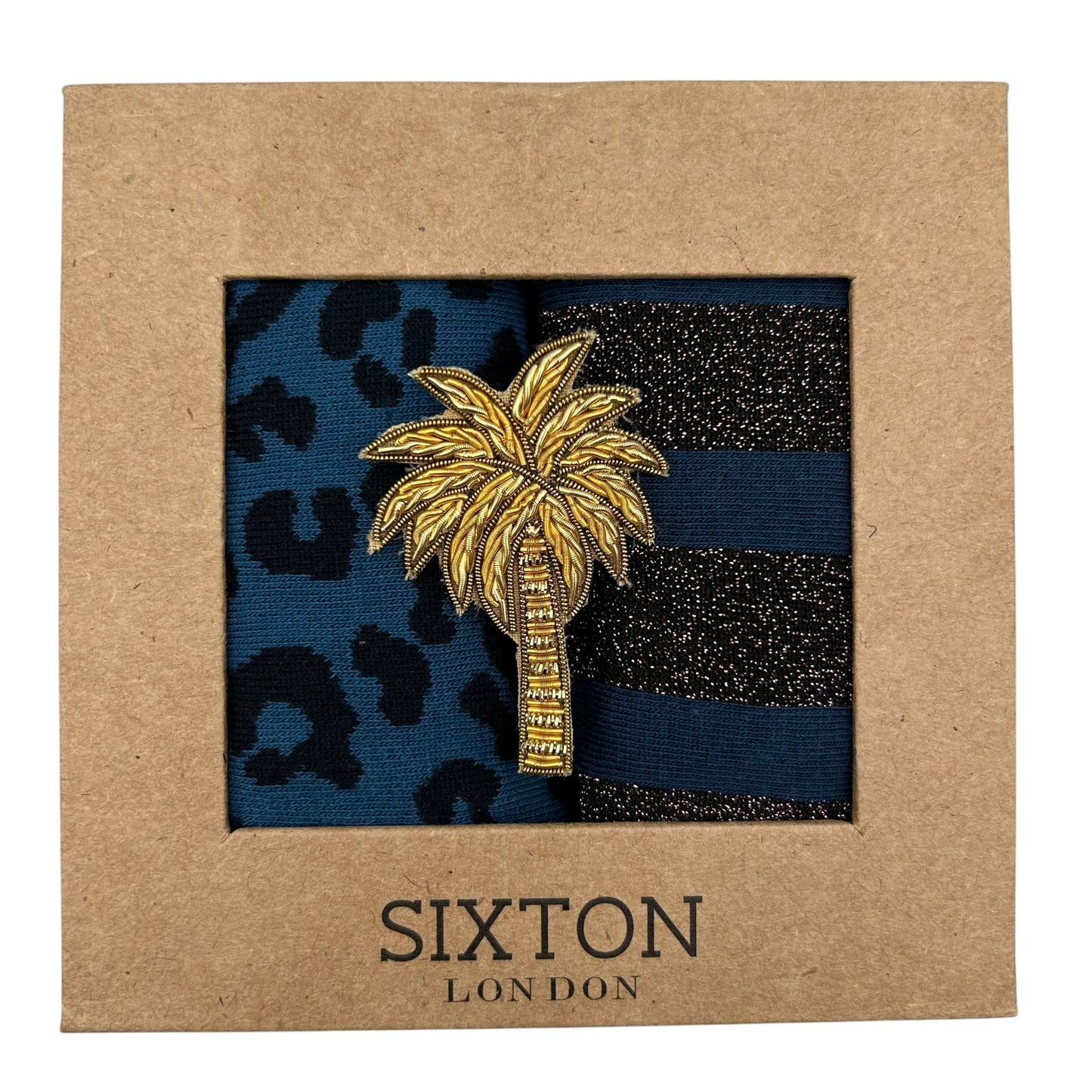 Denim Leopard & Berlin sock box duo with pin
