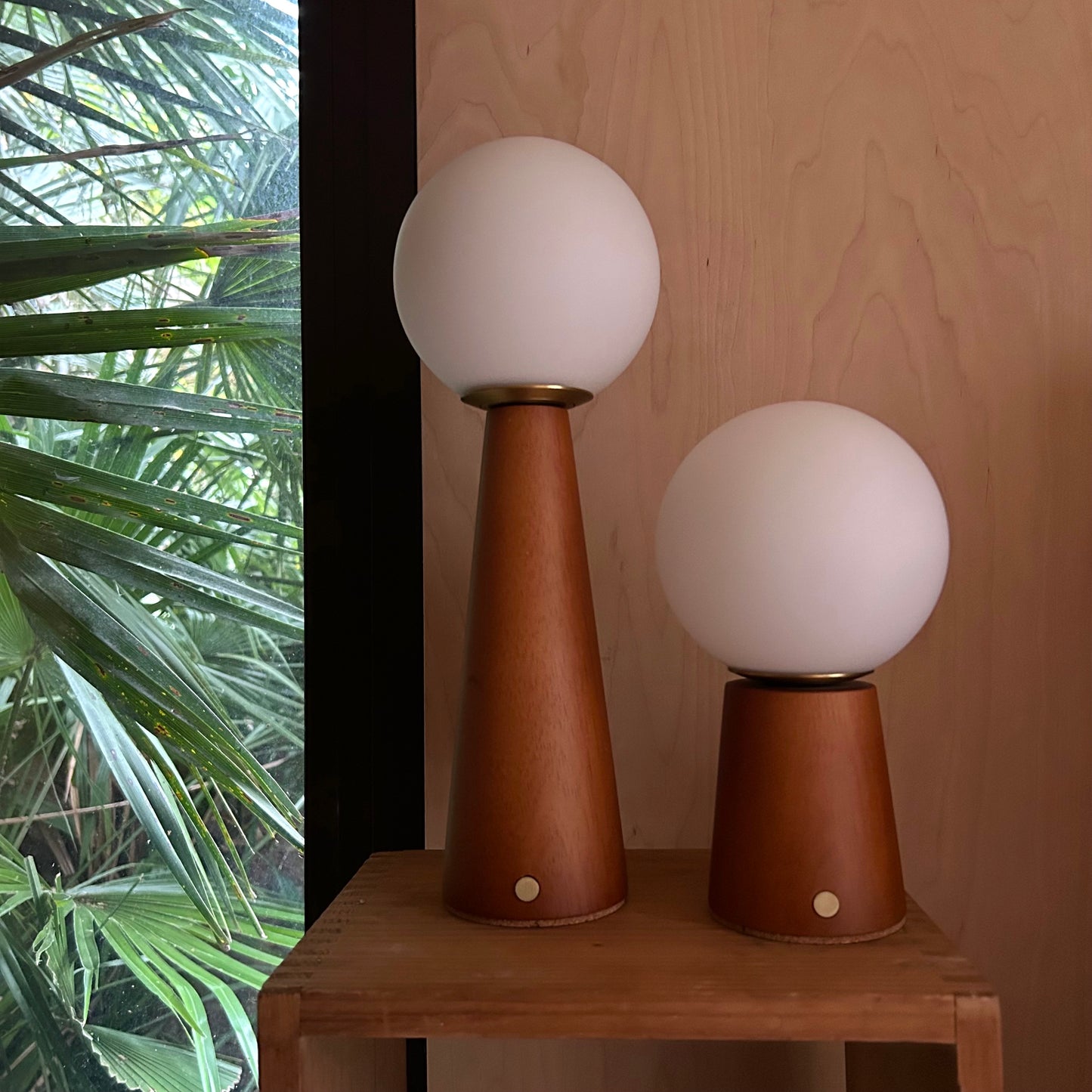 Large Deco Cone Teak style rechargeable touch lamp