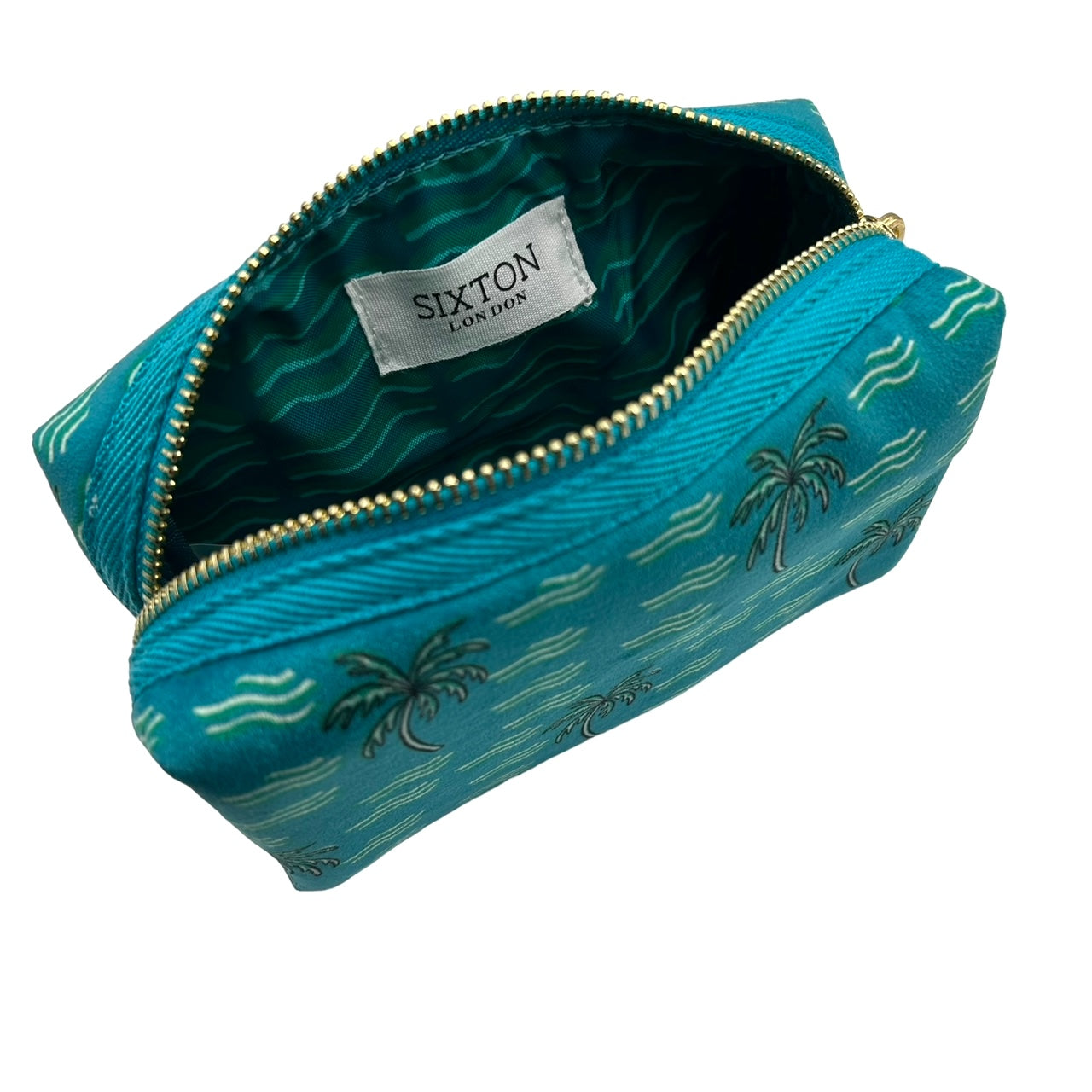 Teal palm large make-up bag & gold lashes brooch - recycled velvet, large and small