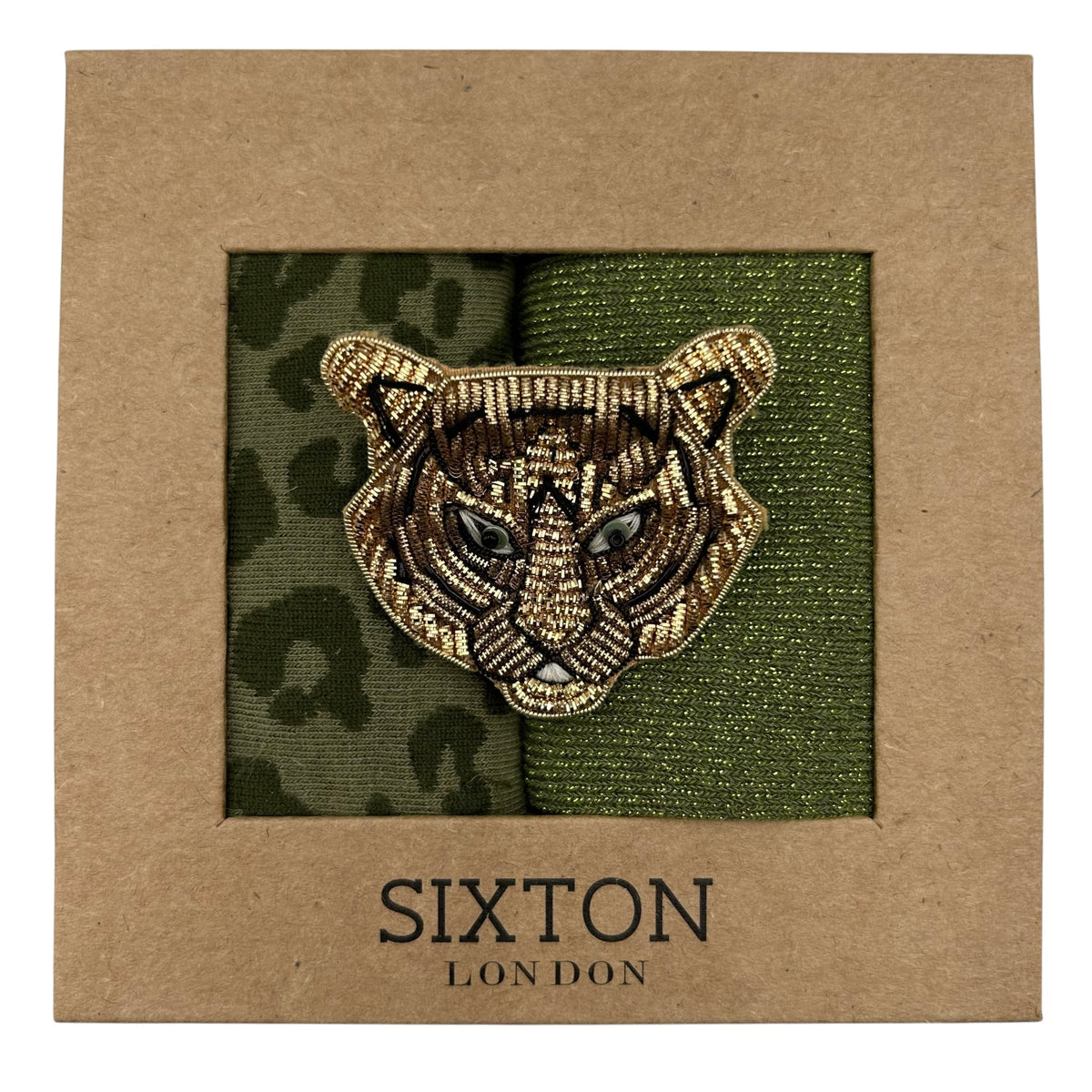 Ivy Leopard & Moss Vegas sock box duo with embroidered brooch