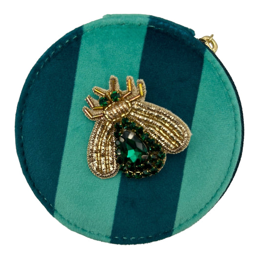 Jewellery Travel Pot in teal stripe - Green Jewelled Insect pin
