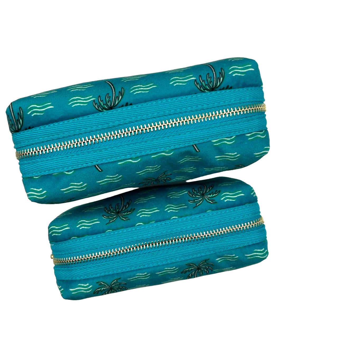 Teal palm large make-up bag & gold lashes brooch - recycled velvet, large and small