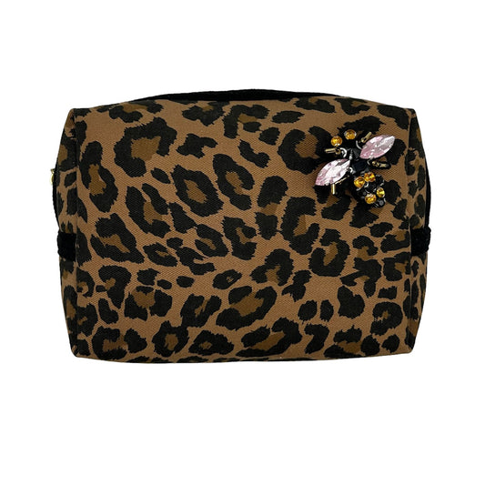 Leopard print make-up bag, large and small, with italian bee brooch