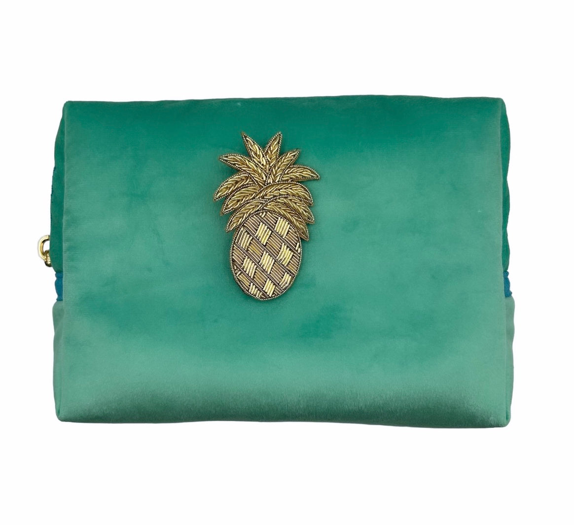 Marine make-up bag & gold pineapple brooch - recycled velvet, large and small