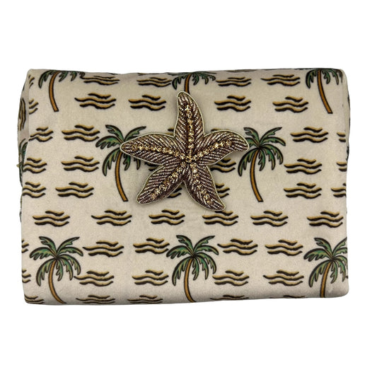 Sand palm large make-up bag & starfish brooch - recycled velvet, large and small