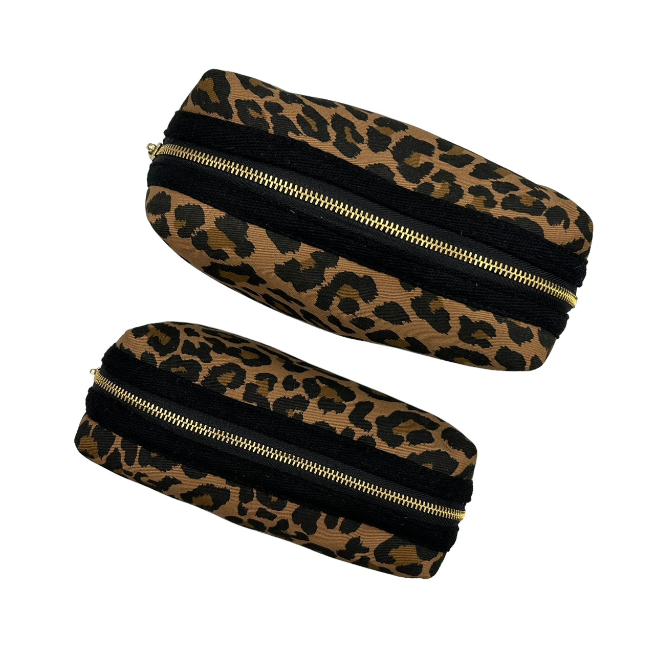 Leopard print make-up bag, large and small, with a  tiger head brooch