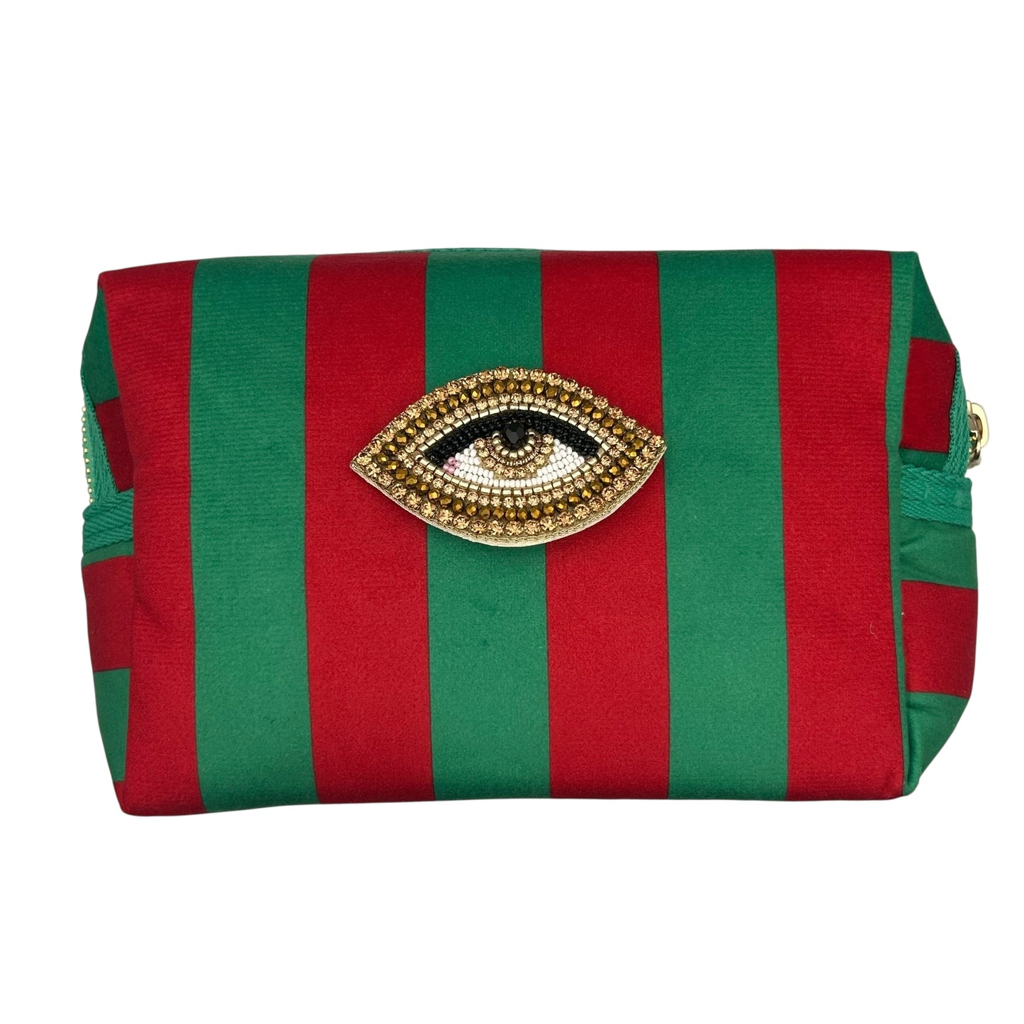 Green stripe makeup bag with detachable brooch